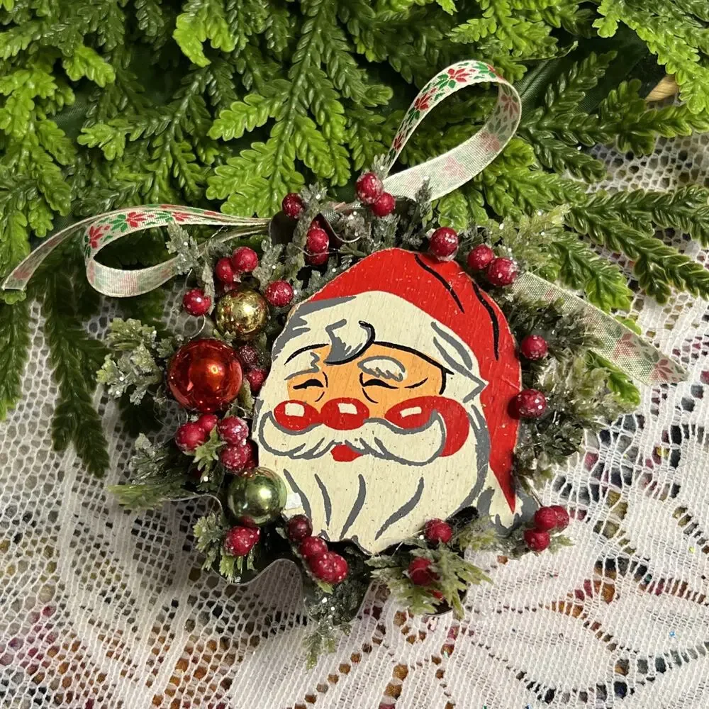 Vintage Round Tart Tin Santa Claus Mercury Glass Diorama Mid Century Ornament